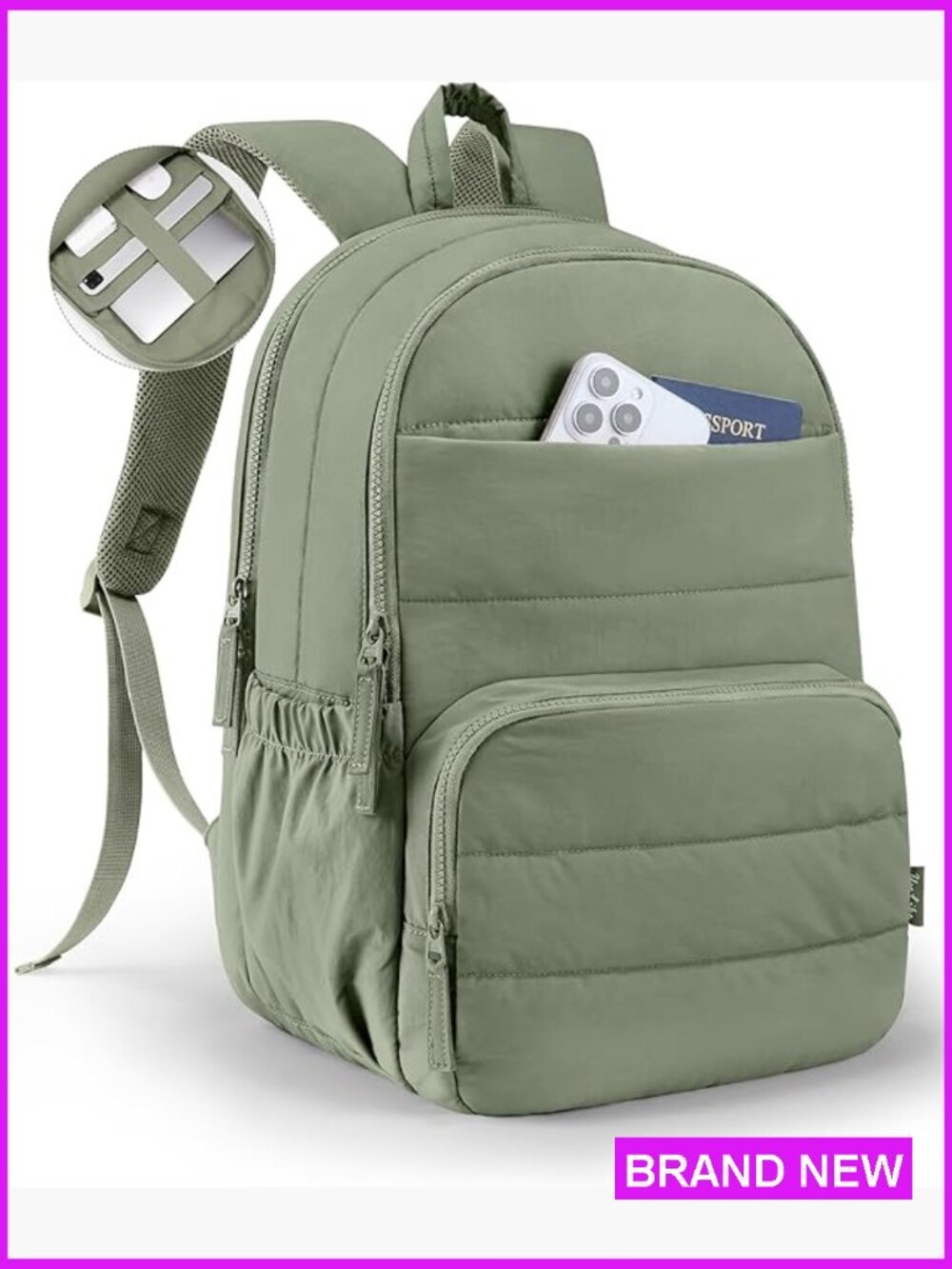 Quilted Laptop Backpack 15.6 Inch College Bookbag Water Resistant Work Travel